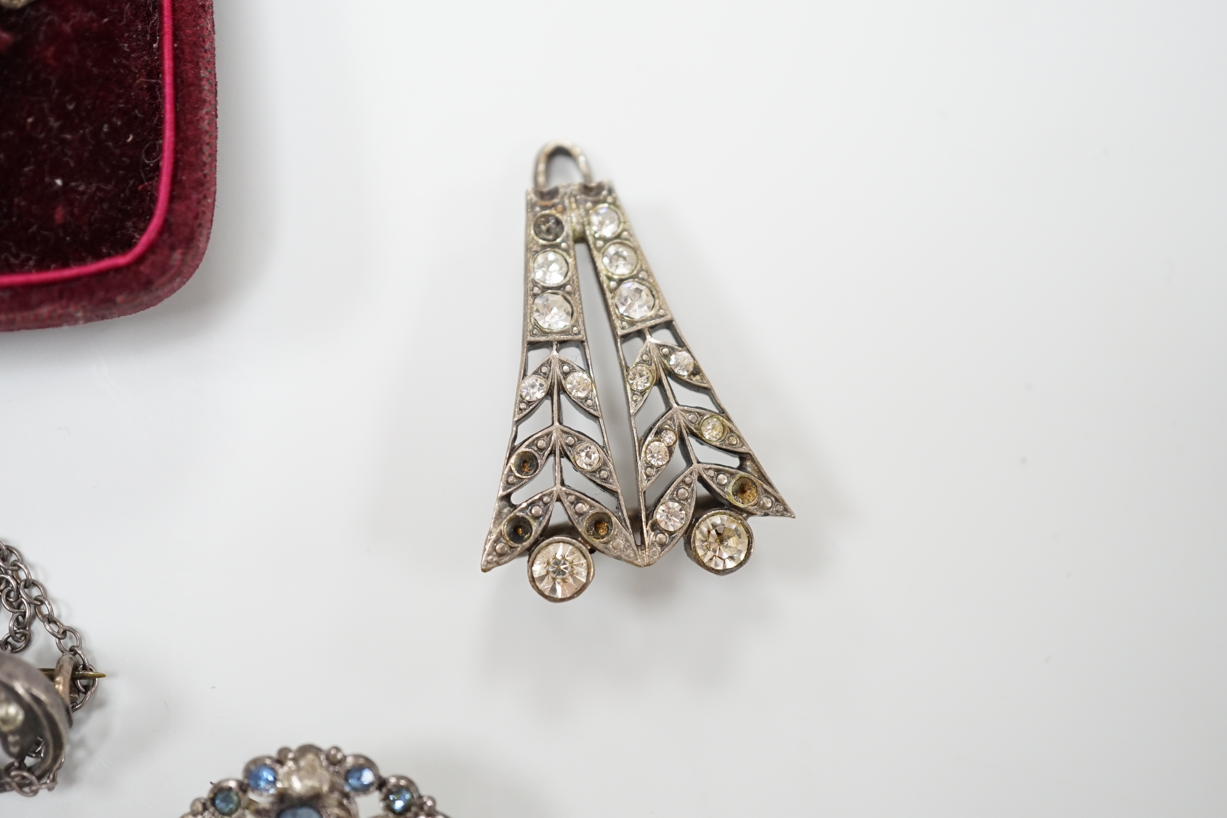 A group of mainly paste set jewellery including a pair of 9ct gold, silver and paste drop earrings and an opal set constellation brooch